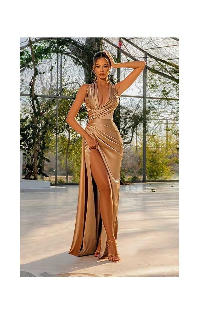 Rochie lunga cu bretele subțiri și spatele gol Evana Champagne - 1
